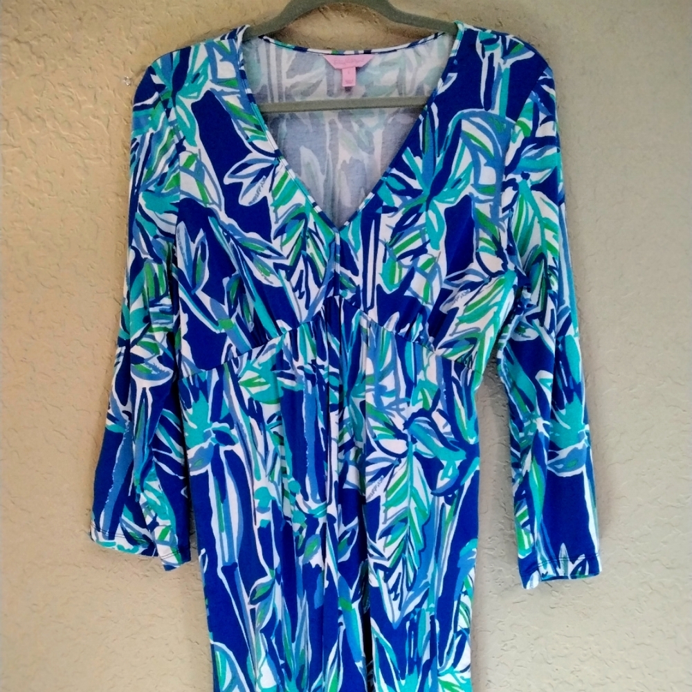 Lilly Pulitzer Blue, Teal & White Floral V-Neck Dress